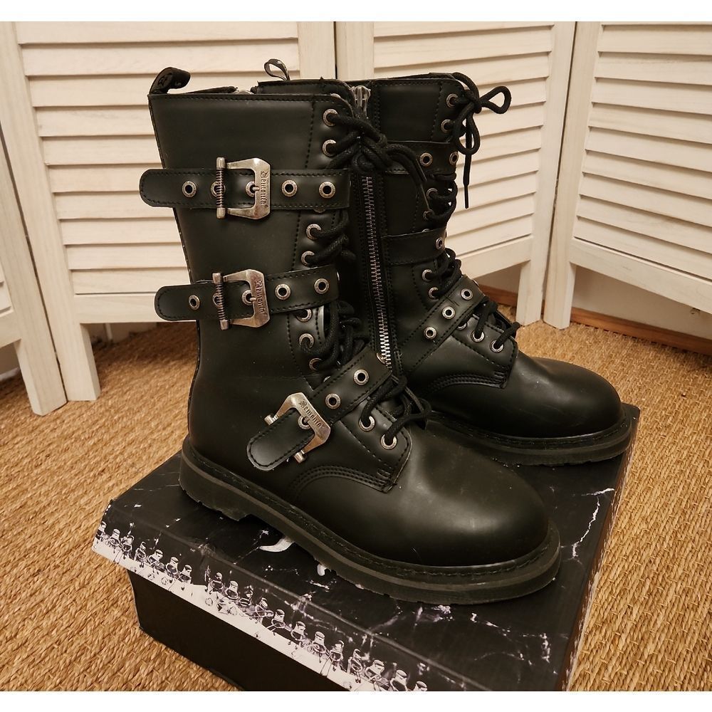 Demonia Black Combat Boots with Silver Buckles BOLT330/BLV Size 11 NWT